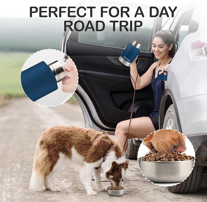KEWIXY Insulated Dog Travel Water Bottle with Detachable Bowls, 3 in 1 Portable Dog Water Bottle Dispenser, Dog Accessories for Walking, Hiking, Camping, Outdoor (Navy Blue, 32 Oz)