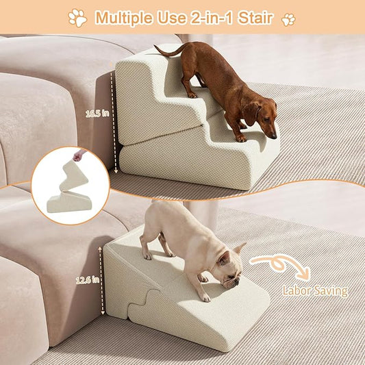 Dog Ramp for Bed, 16.5" H Dog Stairs for High Bed, 2 in 1 Pet Steps for Small Dogs, 3-Step Foldable Transformable Large Cats Ramp to Get on Couch, Non-Slip Balanced, Beige