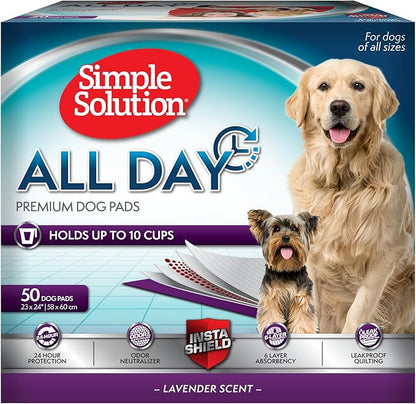 Simple Solution All Day Dog Pads, Disposable Puppy Training Pads with Lavender Scent, Leak Proof Pet Pee Pads for Indoor Potty Training, Odor Control, Quick Dry Floor Protection, 23"x24", 50 Count