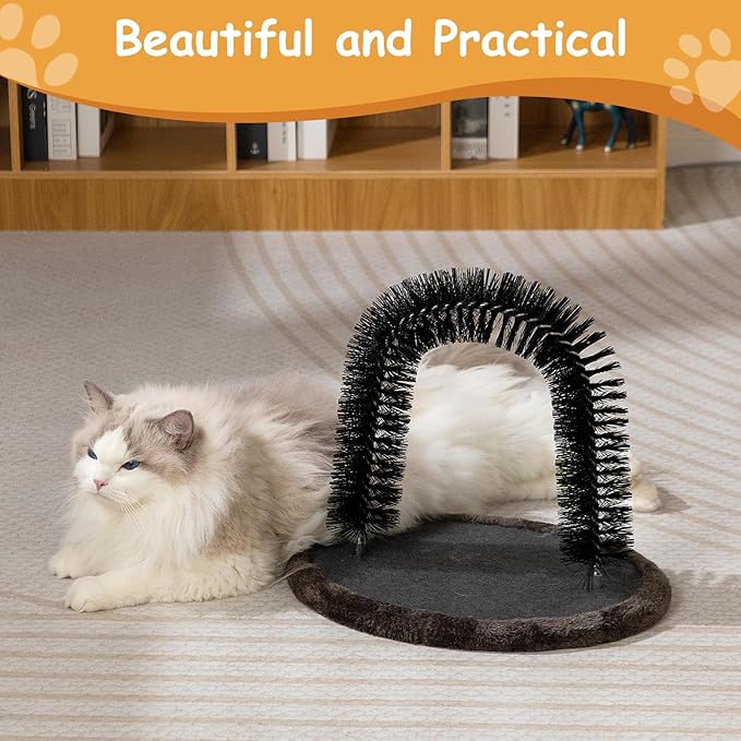 Hollypet Self Grooming Massager and Scratcher Toy - Cat Arch Brush for Back Grooming, Hair Cleaner Pads, Dark Brown