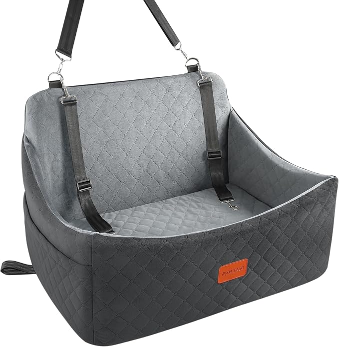 Wooaidagg Dog Car Seat for Medium & Large Dogs Up to 55lbs, Memory Foam Cushion, Washable Cover, Safety Straps & Non-Slip Base(Black/Grey,Large)