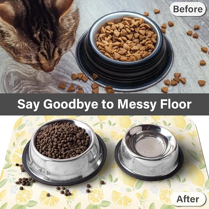 Patterned Cat & Dog Bowl Mat for Food and Water, 17"×30" Quick Dry Absorbent Pet Feeding Mat, Eco-Friendly Dog Placemat