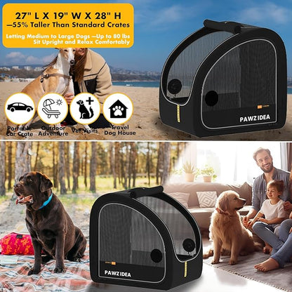PAWZIDEA Portable Dog Crate for Car Travel, Collapsible Pet Travel Crates for Medium & Large Dogs, Enclosed Soft-Sided Car Kennel Carrier for Backseat, Secures w/Seatbelt & Headrest Strap, Chew-Proof