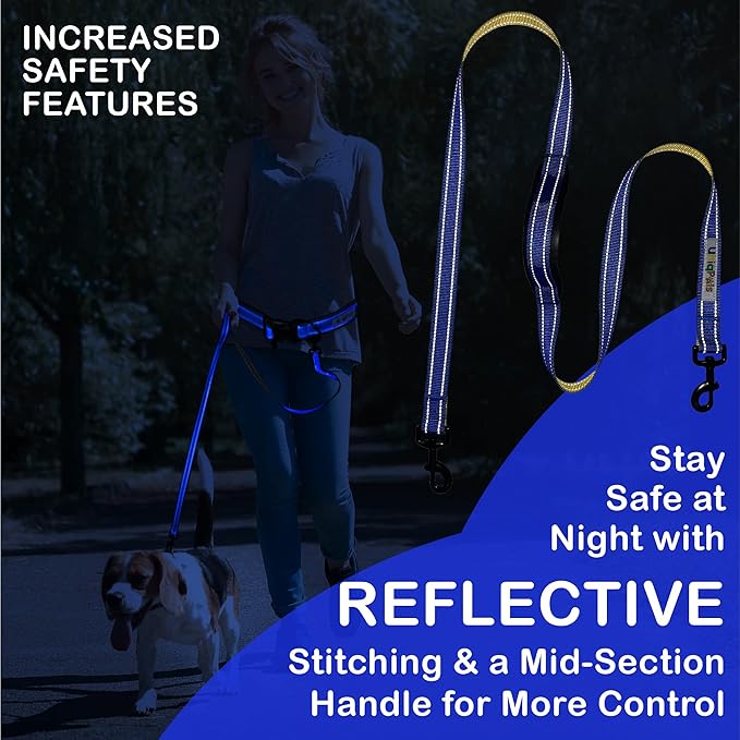 Hands-Free Leash for Small to Large Dogs 5ft - Heavy Duty Adjustable Waist Belt, Padded Handles, Reflective Stitching, Satin Carry Bag for Walking, Running, Hiking