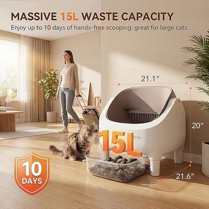 Self Cleaning Cat Litter Box, Greesum Automatic Open-Top Smart Litter Box with App Control, 15L Odor-Sealed Waste Bin, Quiet 35dB, Safety Sensors for Large Cats & Multi-Cat Homes