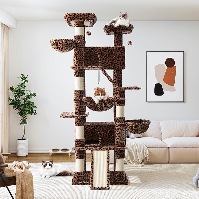 Allewie 81 Inches Tall Cat Tree/Multi-Level Large Climbing Tree House and Towers for Big Feline/Condo and Hammock/Scratching Post/Wide Base/Leopard Print