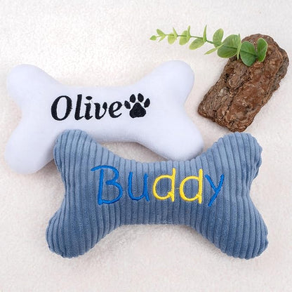 2026 Squeaky Dog Toys, Embroidered Bone Shape Blue Corduroy Pet Pillow 8"x5" with Black "Buddy" Text Cute Soft Cotton Filled Dog Chew Puzzle Toy Birthday Holiday Fun Gifts for Small Medium Large Dogs