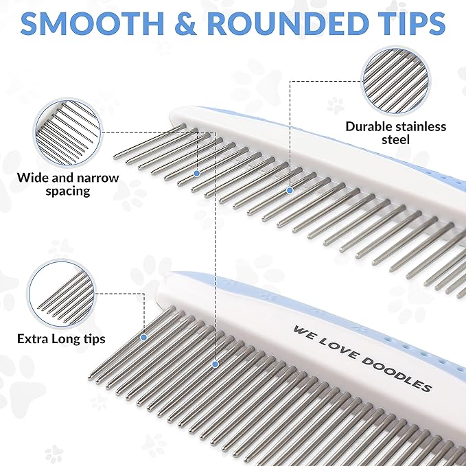 We Love Doodles Dog Comb (2 Packs) & Lavender Detangler Spray 16oz – Pet Grooming Essentials, Stainless Steel Rounded-End Dematting Metal Comb for Dogs, Dog Leave-In Conditioner Spray for Detangling