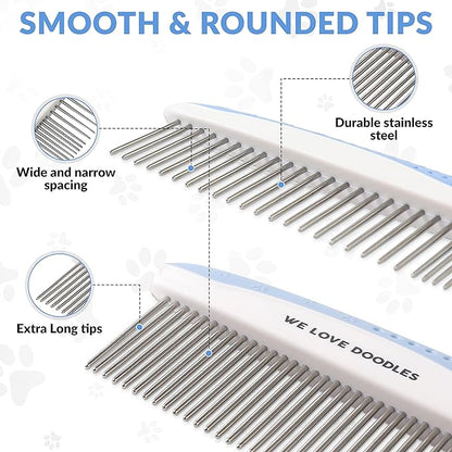 We Love Doodles Dog Comb (2 Packs) & Lavender Detangler Spray 16oz – Pet Grooming Essentials, Stainless Steel Rounded-End Dematting Metal Comb for Dogs, Dog Leave-In Conditioner Spray for Detangling