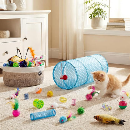 Leitee 38 Pcs Cat Storage Basket Gift Toy Set Kitten Toys Assortments, Including 2 Way Tunnel, Bell Crinkle Balls Spring Feather Teaser Sisal Ball Simulated Fish, Interactive for Indoor Pet