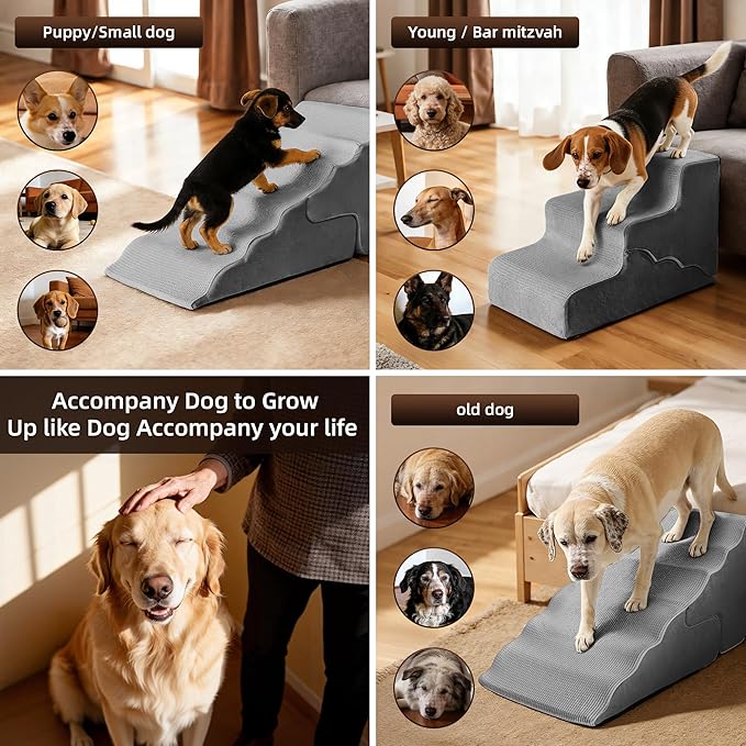 Pet Dog Stairs for Small Dogs, 2 in 1 Transformable 3-Step Pet Stairs and Wave Anti-Fall Slope for Short Legs and Long Legs Dog, for Couch (12-19 in) with Durable Non-Slip Waterproof Cover（Grey）