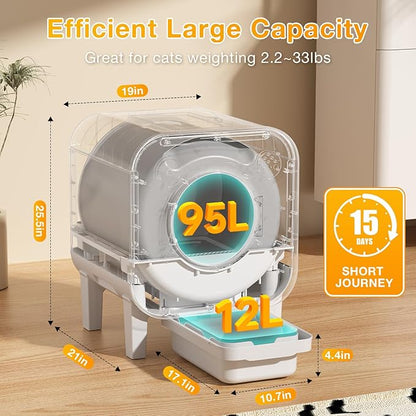 Automatic Litter Box, 4 in 1 Security-System Self Cleaning Litter Box Robot, 75L+12L Extra Large Space for Multiple Cats, APP Control, 1 Free Cat Litter-Mat, 3 Rolls Cats Waste Bag Liners