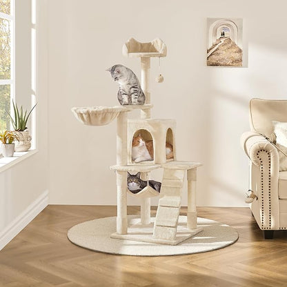 Yaheetech Cat Tree, 54in Tall Cat Tower for Indoor Cats with Extended Platform & Basket, Spacious Cat Condo, Funny Hammock, Scratching Posts and Ladder, Beige