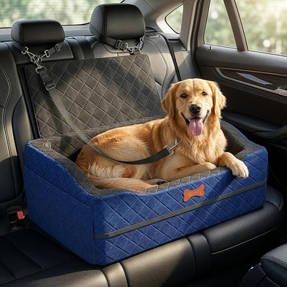 Dog Car Seat for Medium Large Dogs, 4" Elevated Dog Booster Seat with ISOFIX Safety Fixation, Washable Cover & High Density Memory Foam, Portable for Car Front/Rear/Trunk Home Outdoor Use (Navy Blue)