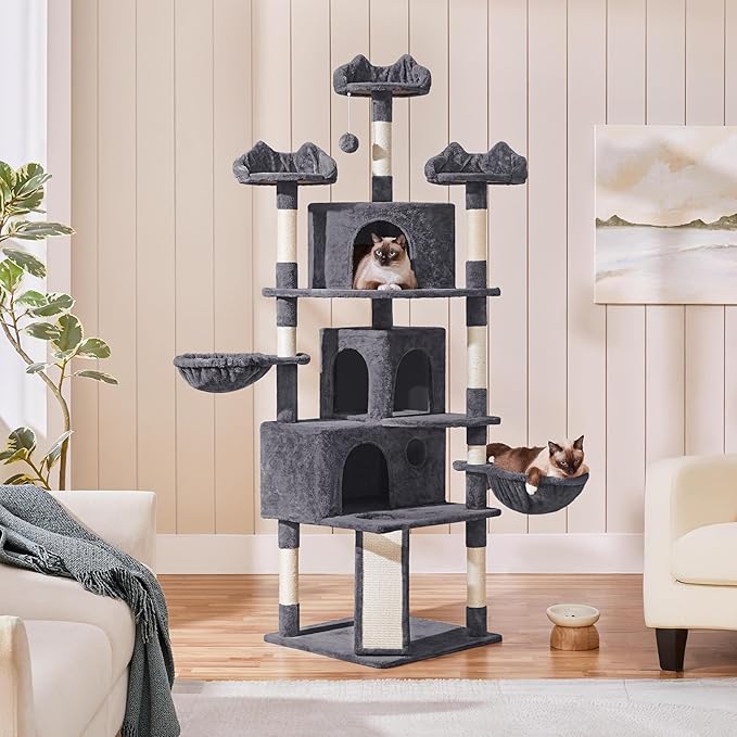 Yaheetech 76.5in Multi-Level Large Cat Tree, Big Cat Tower with 3 Condos, Cozy Plush Perches, 9 Sisal Scratching Posts and Ladder, Activity Center for Large Kitties, Dark Gray