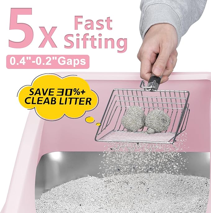 Stainless Steel Litter Box | XL Enclosed Cat Litter Boxs with Lid for Big Cats | High Sided, Anti-Urine Leakage | Non-Stick Bottom & Includes Litter Mat & Metal Scoop (Cute Pink)