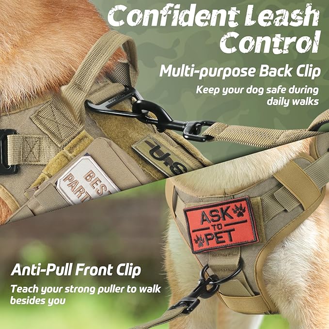 rabbitgoo Tactical Dog Harness for Small, Heavy Duty Pet Harness with Handle, No-Pull Service Vest Small Breed, Adjustable Military Dog Vest for Training Hunting Walking, Brown, S