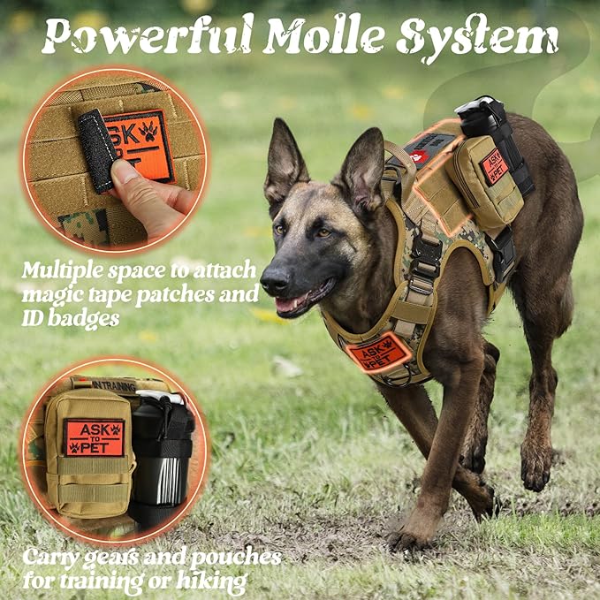 rabbitgoo Tactical Dog Harness for Large, Heavy Duty Pet Harness with Handle, No-Pull Service Vest Large Breed, Adjustable Military Dog Vest for Training Hunting Walking, Brown Camo, L