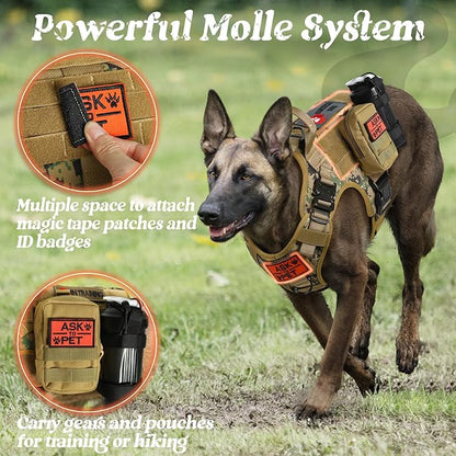 rabbitgoo Tactical Dog Harness for Large, Heavy Duty Pet Harness with Handle, No-Pull Service Vest Large Breed, Adjustable Military Dog Vest for Training Hunting Walking, Brown Camo, L