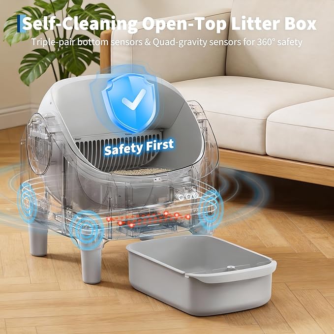 Self Cleaning Litter Box, Automatic Cat Litter Box with APP Control, Odor-Free Waste Disposal Includes Trash Bags, Large Waste Bin, Open-Top, for Multiple Cats, Light Grey