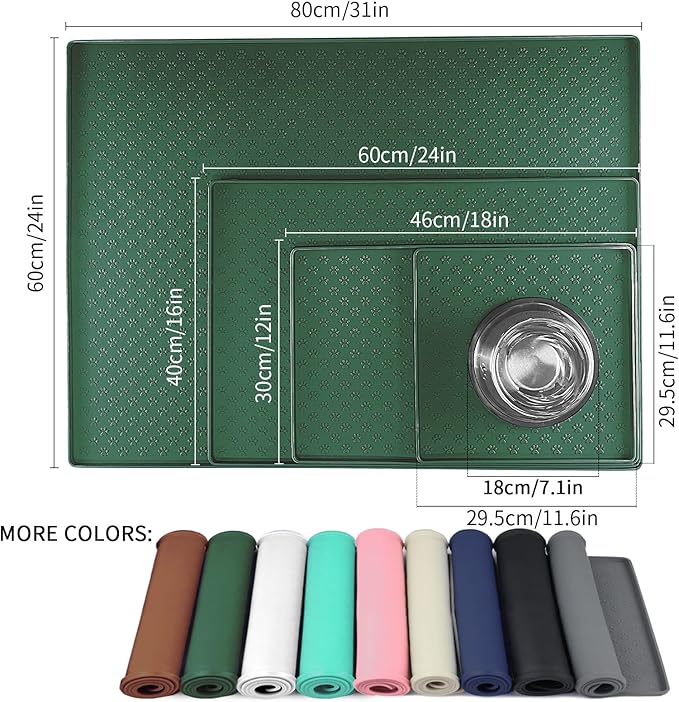 Ptlom Pet Placemat for Dog and Cat, Waterproof Silicone Pet Feeding Bowl Mats for Food and Water, Small Medium Large Dogs Mat Prevent Residues from Spilling to Floor, Hunter Green, 31.5" 23.6"