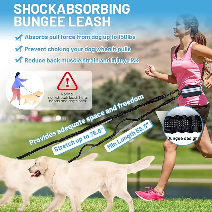 Hands Free Double Dog Leash No Tangle, Waist Leash for Dog Walking, Retractable Dog Leashes for Medium and Large Breeds-Pouch & Lumbar Support, Adjustable Waist Belt, Retractable Bungee,Padded Handles