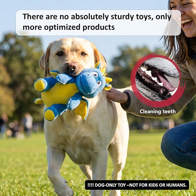 Squeaky Plush Dragon Dog Chew Toy - 8.3‘’X9‘’ Dog Toy for Small/Medium Dogs to Keep Pups Busy，Chewer Dog Toy with Crinkle Paper（Blue）