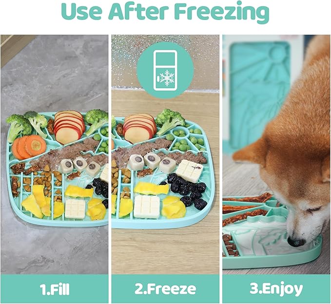 Puzzle Feeder Snuffle Mat and Lick Mat for Dogs, California Textured Slow Feeder, 0.75 Inch Thin Silicone Mat Holds 3 Cups, Dishwasher and Microwave Safe, Green
