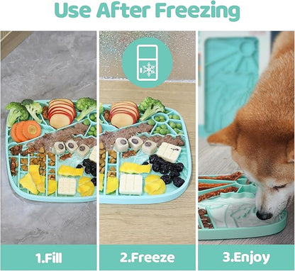 Puzzle Feeder Snuffle Mat and Lick Mat for Dogs, California Textured Slow Feeder, 0.75 Inch Thin Silicone Mat Holds 3 Cups, Dishwasher and Microwave Safe, Green