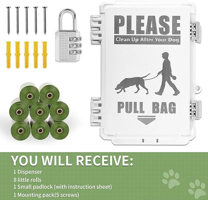 Dog Poop Bag Dispenser, Waterproof Outdoor Dog Bag Dispenser Holds Up to 8 Rolls of Waste bags, Outdoor Wall, Stake, Pole, Fence Mounted (dispenser+8rolls+lock)