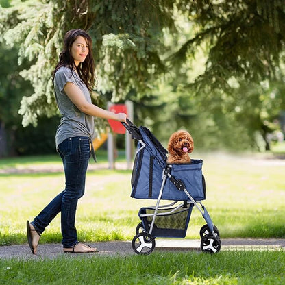 Pet Stroller 4 Wheels Dog Cat Stroller for Small Medium Dog Cats Carrier Jogger Travel Foldable Puppy with Storage Basket and Cup Holder (Navy Blue)