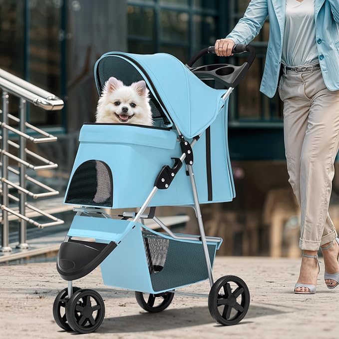 Magshion 3-Wheel Pet Stroller, Foldable Travel Jogger for Small & Medium Dogs & Cats (Up to 33lbs), Lightweight Carrier with Breathable Mesh Cover, Cup Holder & Storage Basket, Mint Green