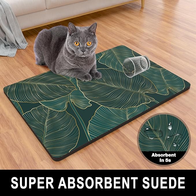 Dog Food Mat, 12" x 19" Absorbent Dog Cat Bowl Mat for Food and Water, Cute Anti-Slip Rubber Pet Feeding Rug Protect Floors, Placemat for Feeding & Watering Supplies, Tropical Palm Leaves