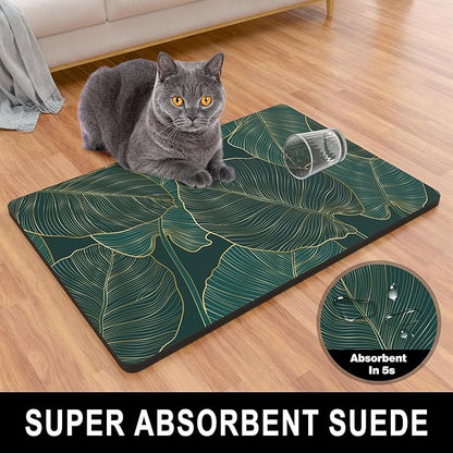Dog Food Mat, 12" x 19" Absorbent Dog Cat Bowl Mat for Food and Water, Cute Anti-Slip Rubber Pet Feeding Rug Protect Floors, Placemat for Feeding & Watering Supplies, Tropical Palm Leaves