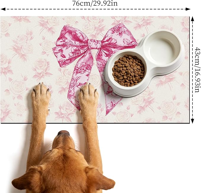 Dog Bowl Mat for Food and Water - Hamdwerk Absorbent Anti Slip Cat Feeding Mats for Floors, Quick Dry Pet Dog Feeding Matts, Diatomite Pet Dish Placemat Supplies, Coquettee Bow Style, 17 * 30in