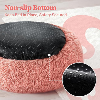 rabbitgoo Calming Dog Bed for Small Medium, 30 inches Pet Bed Machine Washable, Non-Slip Round Fluffy Plush Faux Fur Large Cat Cushion, Soft Donut Cuddler Cushion for Small Dogs, Pink