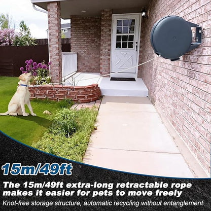 49ft Wall Mounted Retractable Dog Leash Extra Long Steel Cable with Length Lock, Anti Tangle Pet Leash for Medium Large Dogs up to 50lbs, Multi Purpose Outdoor Indoor Retractable Dog Tie