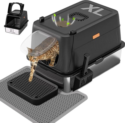 Anywish Stainless Steel Cat Litter Box with Lid, XL Extra Large Enclosed Removable Metal Litter Box with Litter Scoop&Double Layer Litter Mat, Non-Sticky, Non-Odor, Easy Cleaning, for Big Cats, Black