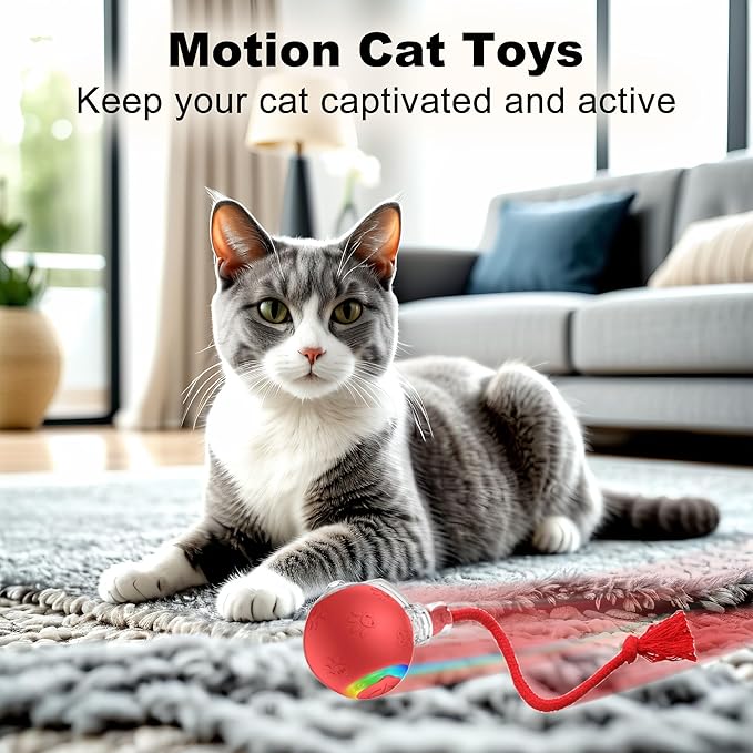 Quibron Interactive Cat Ball Toy with Flashing Lights & Bird Sounds - Multi-Surface Adaptive Roller, USB Rechargeable Motion-Activated Cat Teaser for Indoor Cats, Smart Enrichment Gift (Red)