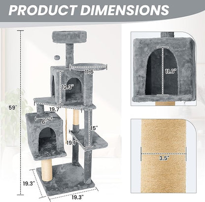 58in Large Cat Tree Tower for Indoor Cats with Soft Plush Hang Ball, Two Condos, Sisal Scratch Posts & Rope Play for Kittens/Adult Cats, Grey