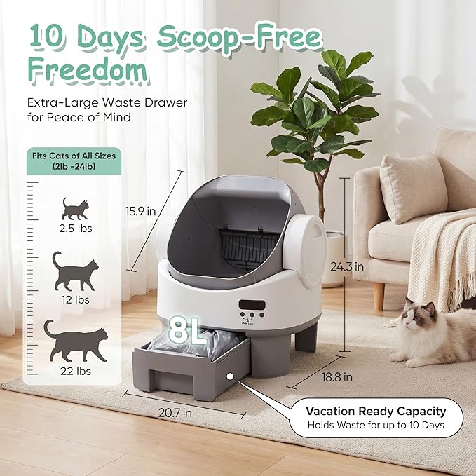 Greesum Self Cleaning Cat Litter Box, Open-Top Automatic Litter Box for Multiple Cats, No App or WiFi Needed, 10-Day Capacity, Safety Sensors, Easy Setup, 1-Year Warranty