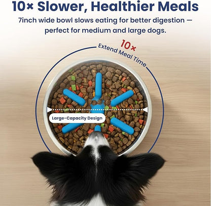 PawsPik 64oz 18/8 Stainless Steel Slow Feeder Dog Bowl, Double-Wall Non-Slip Metal Dog Bowl for Fast Eating Medium & Large Breeds, Detachable Slow Feeder Insert, Dishwasher Safe (Midnight Summit Blue)