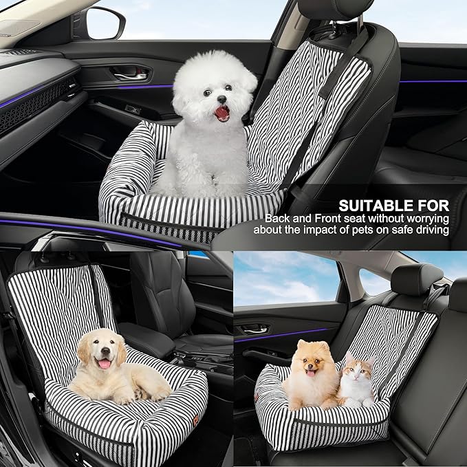 Dog Car Seat for Small and Medium Dogs, Booster Seat Sofa Pet Bed, Portable Car Travel Carrier Bed (Black Stripes,M)