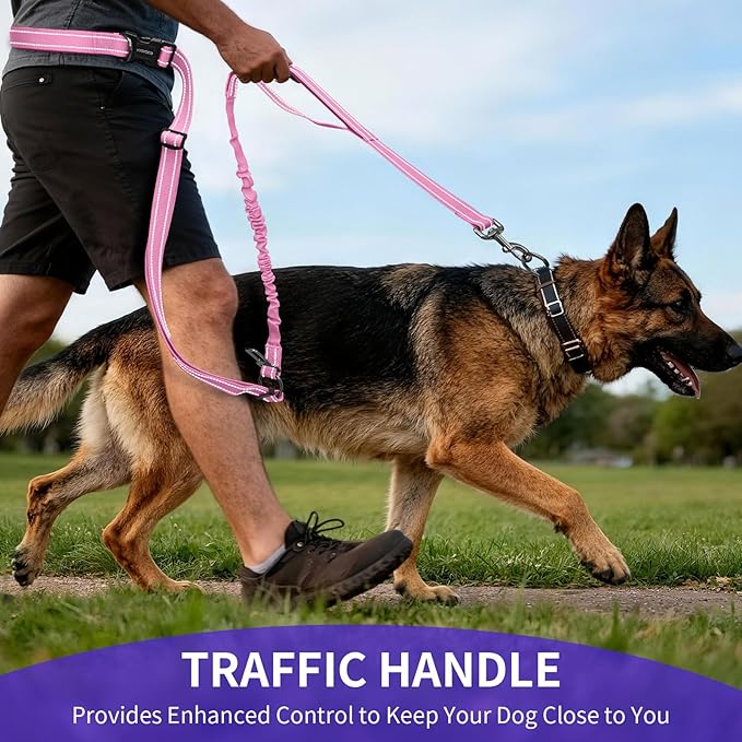 Kazazoo Hands-Free Dog Leash with 6-9FT Adjustable Length - Heavy Duty No Pull Bungee Design, Reflective Safety for Walking, Jogging & Training | Suitable for Medium to Large Dogs,Pink L