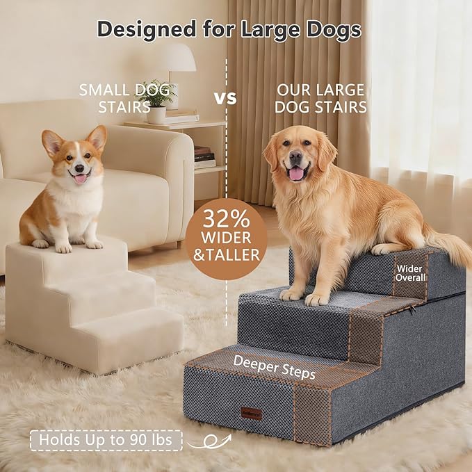 Dog Stairs for Large Dogs 18" H, Extra Wide Dog Steps for High Beds & Couches, 20" Wide Deep Steps, Non-Slip Dogs Ramp, 3-Step Pet Stairs, Grey