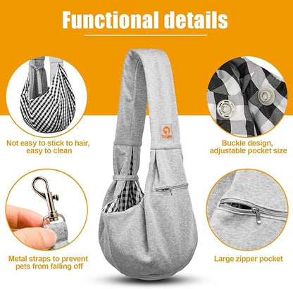 Tomkas Small Dog Cat Sling Carrier Puppy Purse Travel Wrap Soft Crossbody Pet Bag (Grey, M - Zip Pocket & Classic Strap)