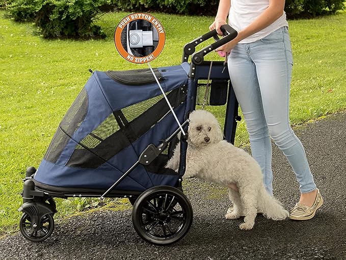 Pet Gear NO-Zip Pet Stroller with Dual Entry, Push Button Zipperless Entry for Single or Multiple Dogs/Cats, Pet Can Easily Walk in/Out, Gel-Filled Tires, Midnight Blue, Excursion