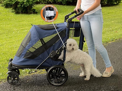 Pet Gear NO-Zip Pet Stroller with Dual Entry, Push Button Zipperless Entry for Single or Multiple Dogs/Cats, Pet Can Easily Walk in/Out, Gel-Filled Tires, Midnight Blue, Excursion