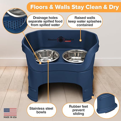 Neater Feeder Deluxe Mess-Proof Elevated Dog Bowls for Large Dogs (40+ lbs), 2 Height Adjustable (14.5” & 17.5”) No-Spill Raised Dog Bowl Stand, Stainless Steel Food Bowl Set, Made in USA, Dark Blue