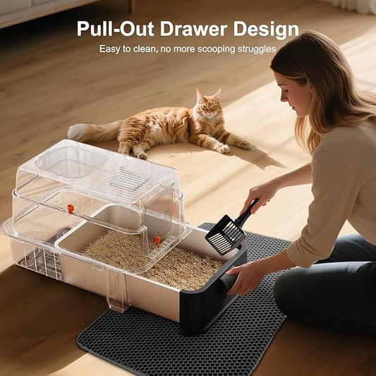 FURTIME Stainless Steel Litter Box with Lid, XL Extra Large Cat Litter Box for Big Cats, Enclosed Drawer Metal Litter Boxs with High Sided, Include Scoop & Mat, Front & Top Entry, Odor Free, Non-Stick